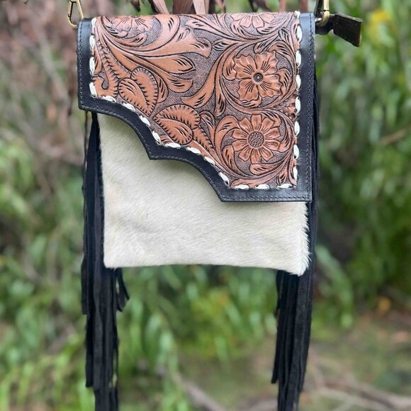 Genuine Hair On Cowhide Purse, Hand Tooled Leather Bag, Western Leather Shoulder - Picture 4 of 7